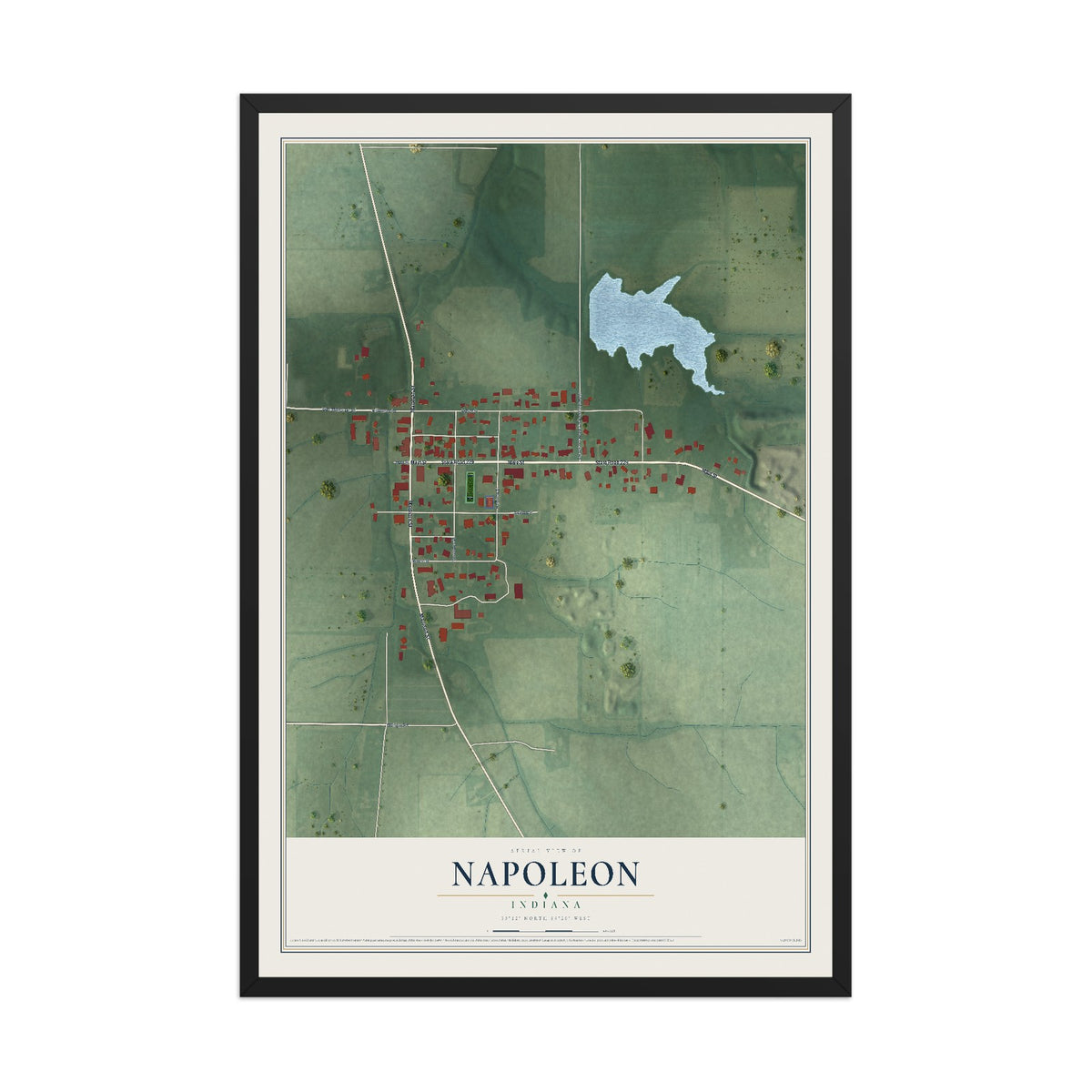 Map of Napoleon, Indiana, 12 x 18 inch print in a black wood frame