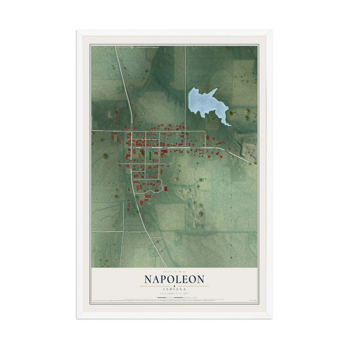 Map of Napoleon, Indiana, 12 x 18 inch print in a white wood frame