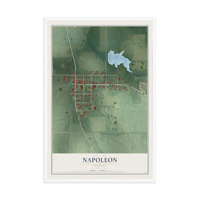 Map of Napoleon, Indiana, 12 x 18 inch print in a white wood frame