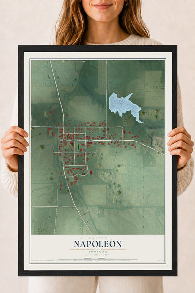 Map of Napoleon, Indiana, 18 x 24 inch print in a black wood frame