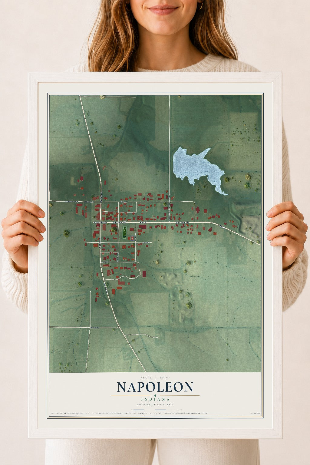 Map of Napoleon, Indiana, 18 x 24 inch print in a white wood frame