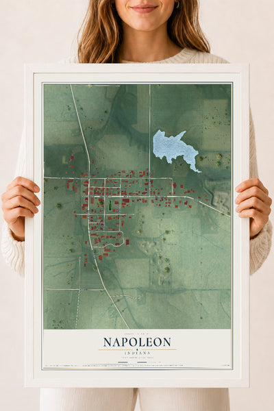 Map of Napoleon, Indiana, 18 x 24 inch print in a white wood frame