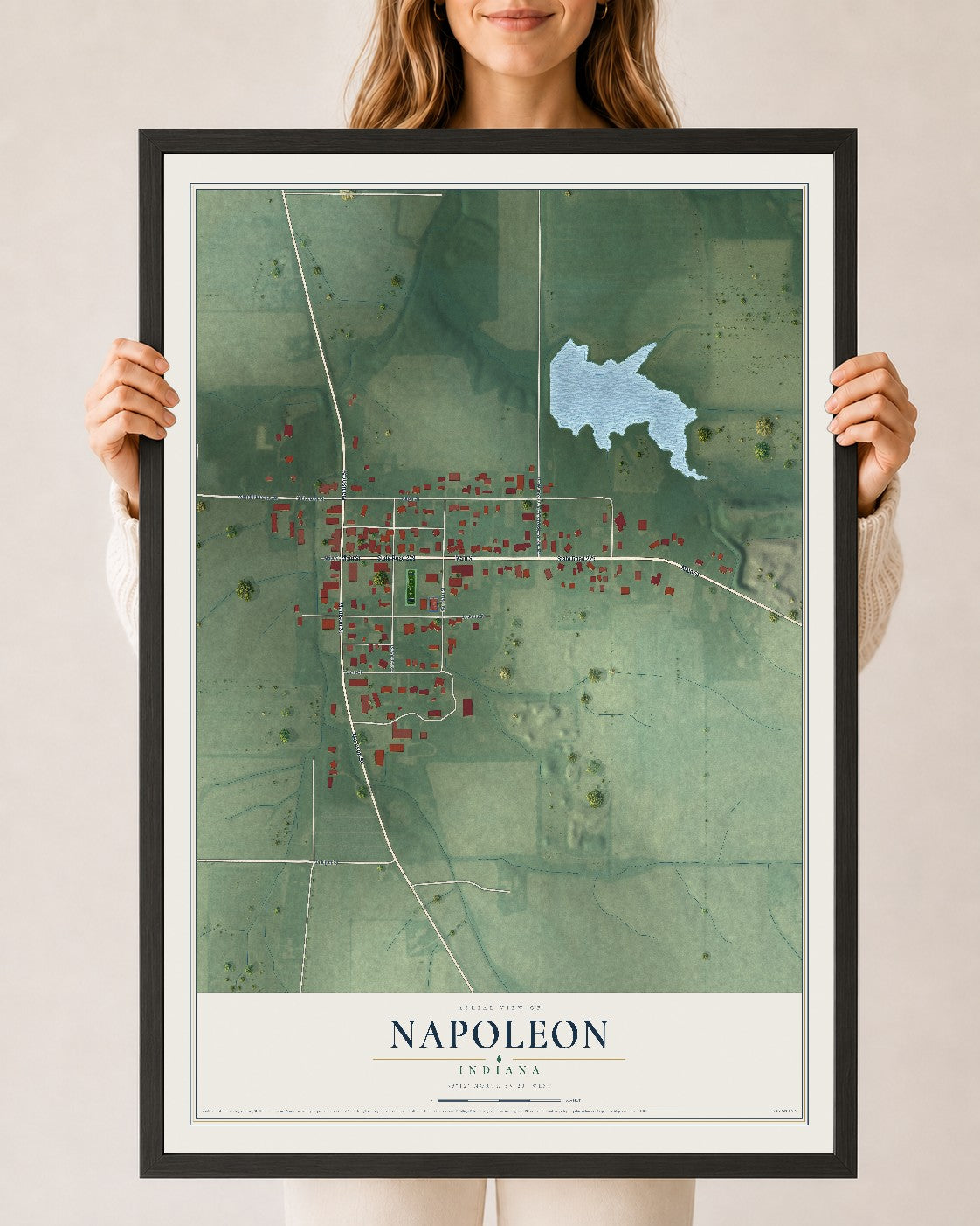 Map of Napoleon, Indiana, 24 x 36 inch print in a black wood frame