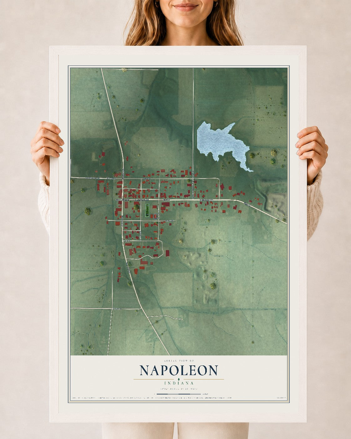 Map of Napoleon, Indiana, 24 x 36 inch print in a white wood frame