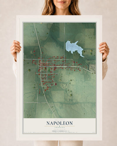 Map of Napoleon, Indiana, 24 x 36 inch print in a white wood frame