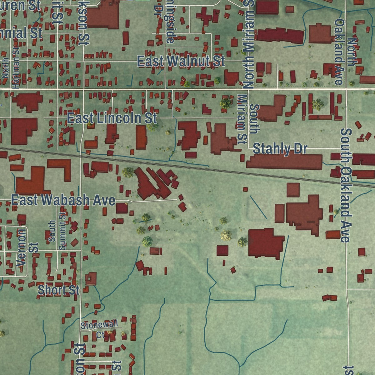 Close-up of the map of Nappanee, Indiana print showing street and building detail