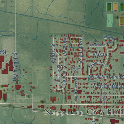 Second close-up of the map of Nappanee, Indiana print showing more streets and buildings