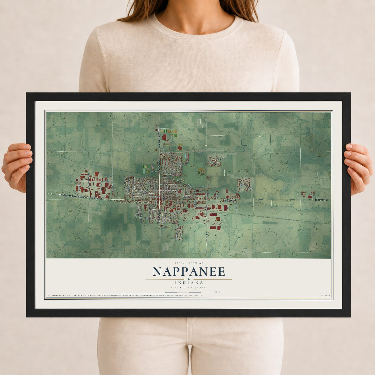 Map of Nappanee, Indiana, 12 x 18 inch print in a black wood frame