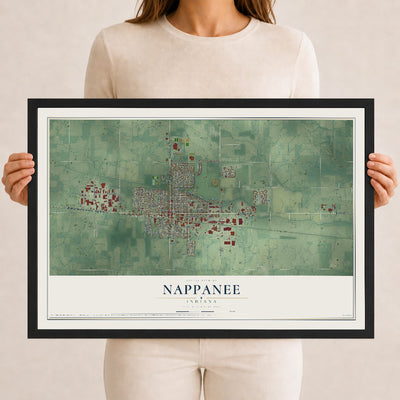 Map of Nappanee, Indiana, 12 x 18 inch print in a black wood frame