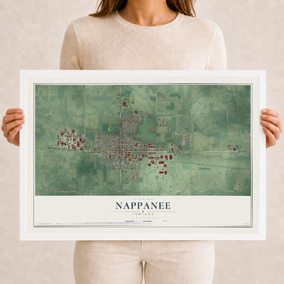 Map of Nappanee, Indiana, 12 x 18 inch print in a white wood frame