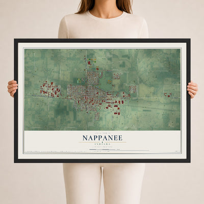 Map of Nappanee, Indiana, 24 x 36 inch print in a black wood frame
