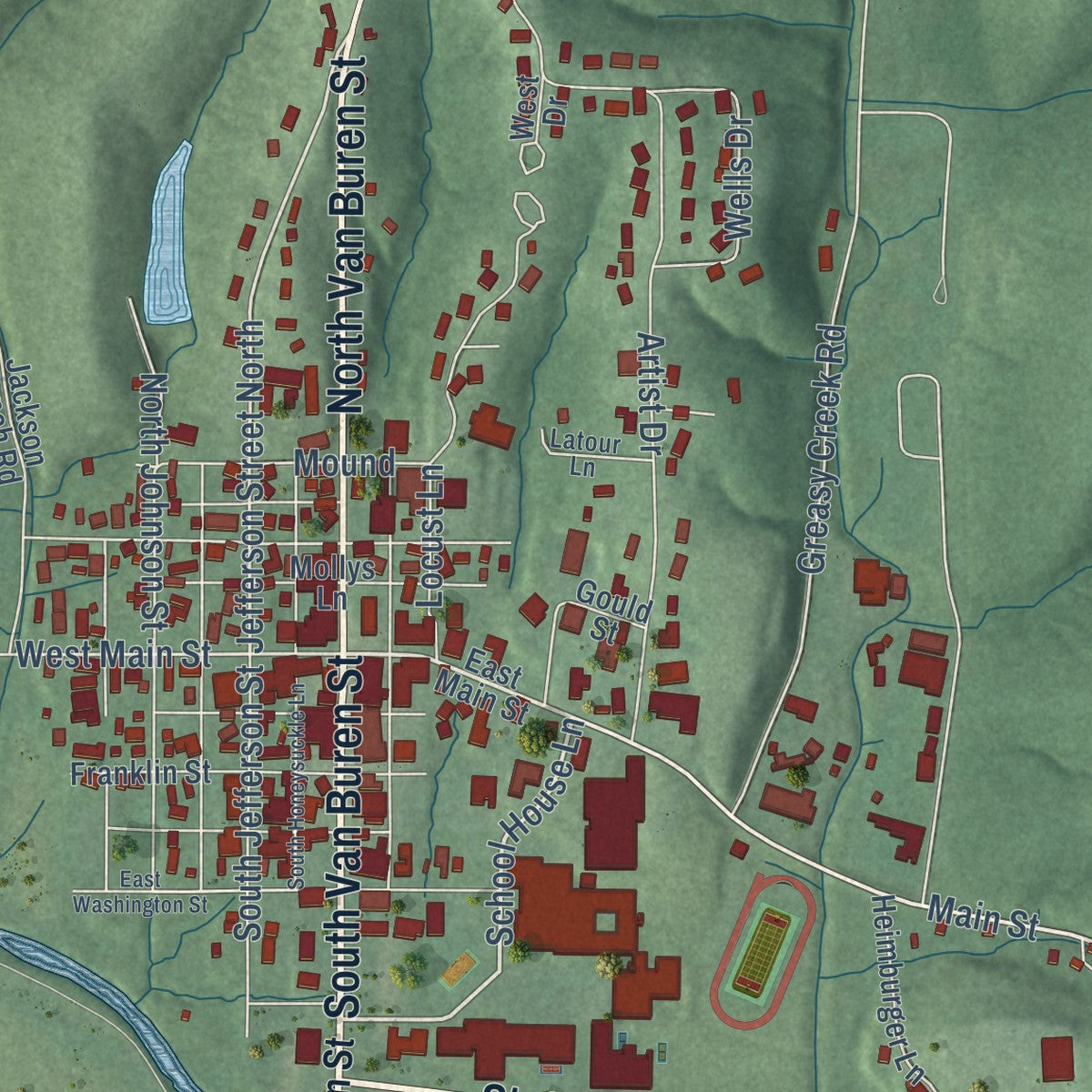 Close-up of the map of Nashville, Indiana print showing street and building detail