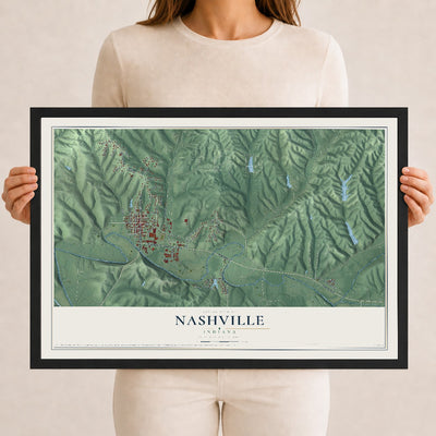 Map of Nashville, Indiana, 12 x 18 inch print in a black wood frame