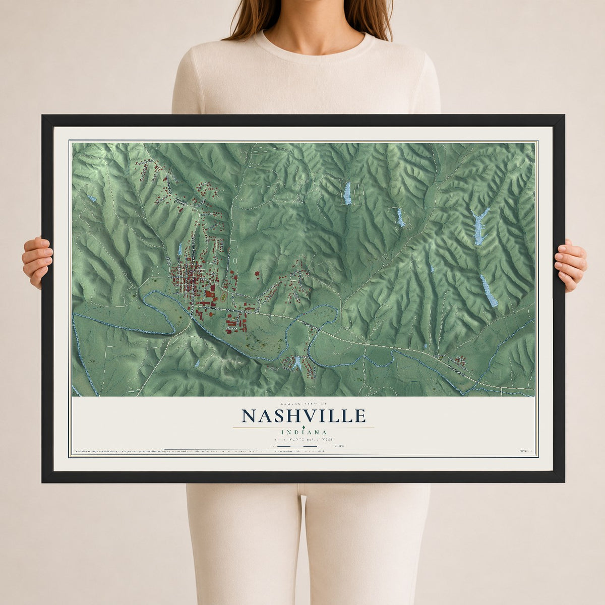 Map of Nashville, Indiana, 24 x 36 inch print in a black wood frame