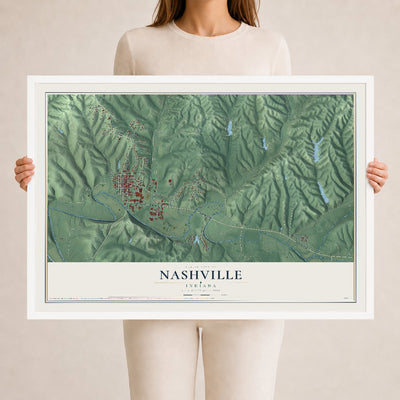 Map of Nashville, Indiana, 24 x 36 inch print in a white wood frame