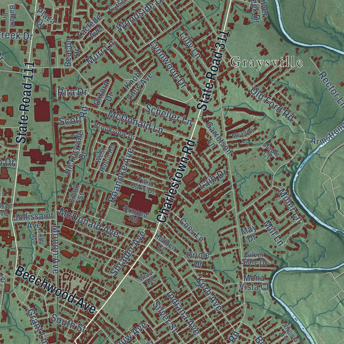 Close-up of the map of New Albany, Indiana print showing street and building detail