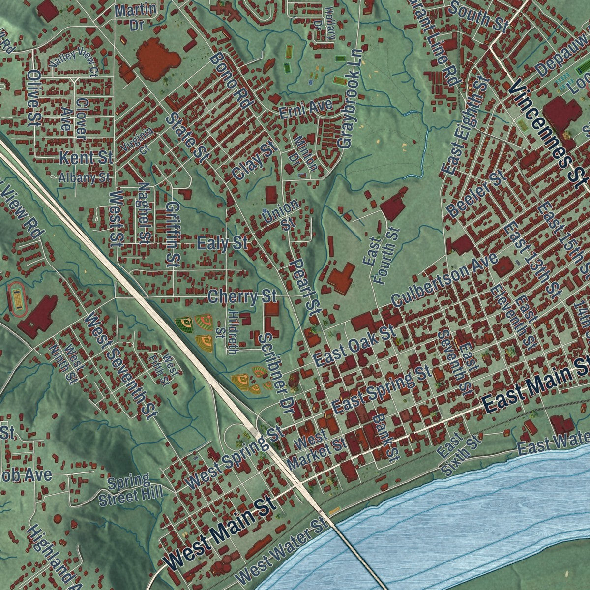 Second close-up of the map of New Albany, Indiana print showing more streets and buildings