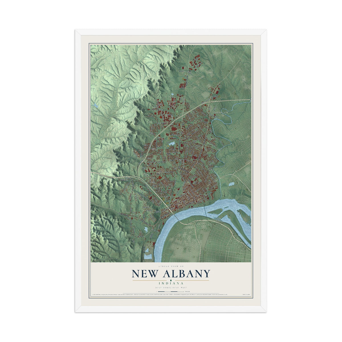 Map of New Albany, Indiana, 12 x 18 inch print in a white wood frame