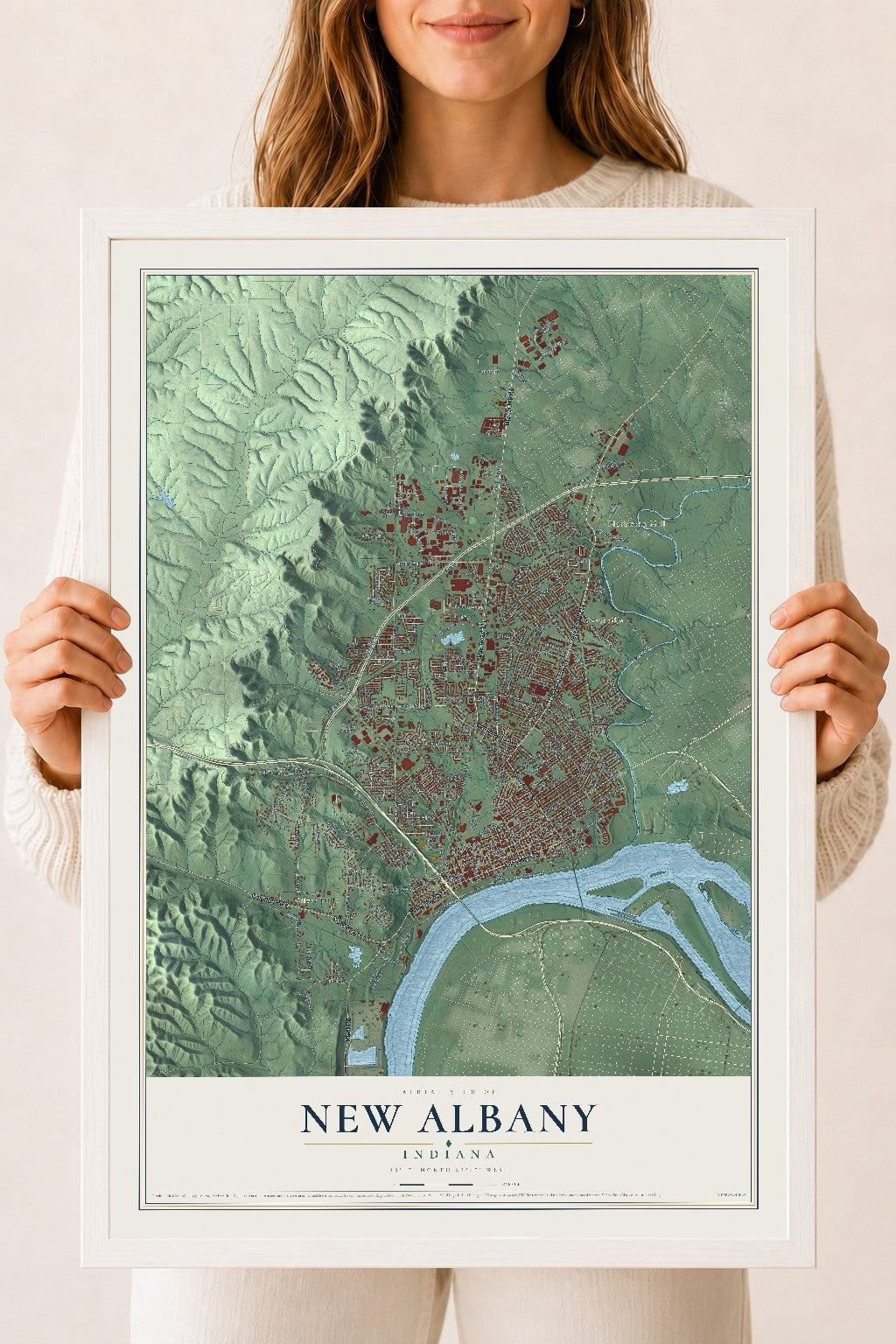 Map of New Albany, Indiana, 18 x 24 inch print in a white wood frame