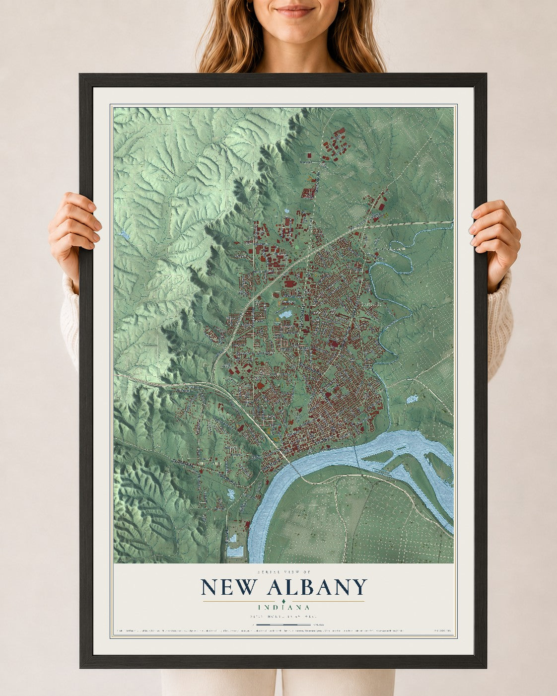 Map of New Albany, Indiana, 24 x 36 inch print in a black wood frame