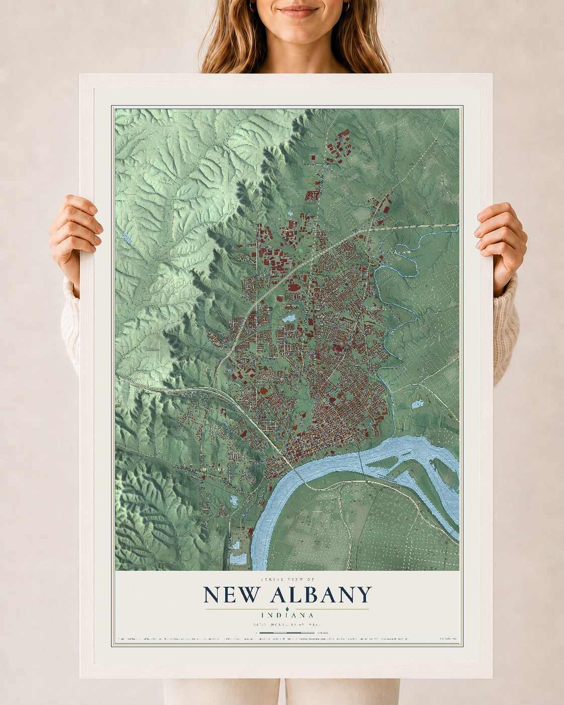 Map of New Albany, Indiana, 24 x 36 inch print in a white wood frame
