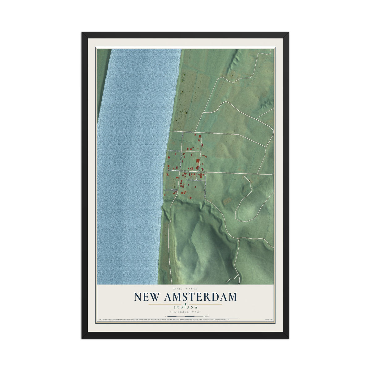 Map of New Amsterdam, Indiana, 12 x 18 inch print in a black wood frame