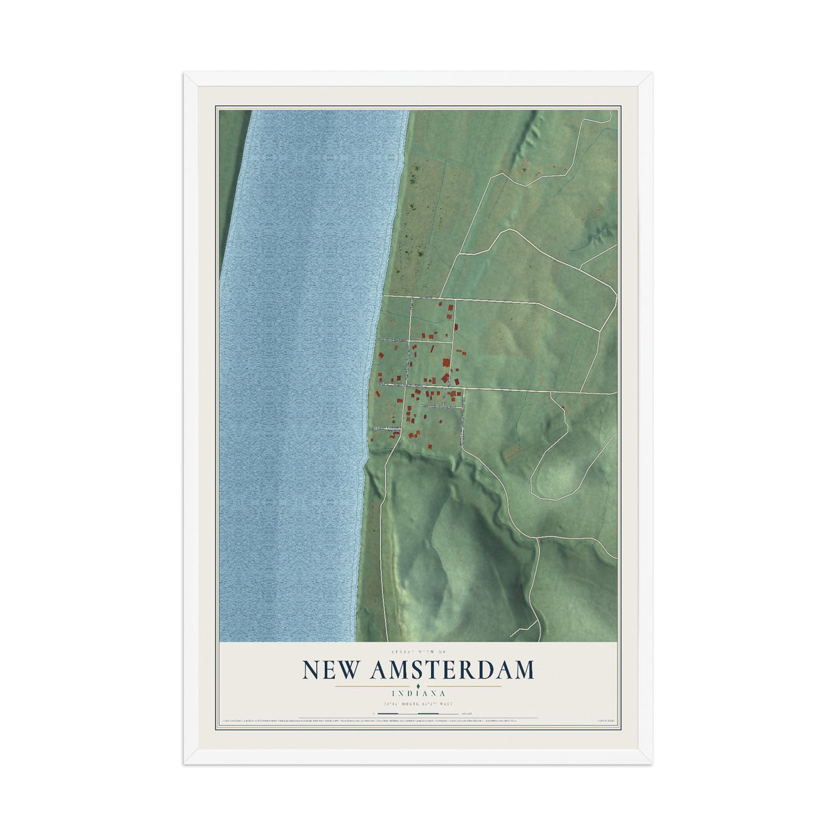 Map of New Amsterdam, Indiana, 12 x 18 inch print in a white wood frame