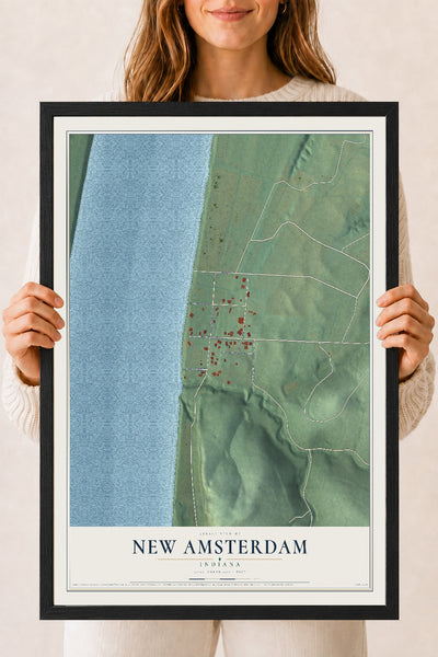 Map of New Amsterdam, Indiana, 18 x 24 inch print in a black wood frame