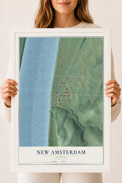 Map of New Amsterdam, Indiana, 18 x 24 inch print in a white wood frame
