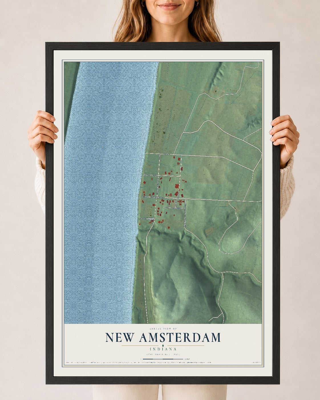 Map of New Amsterdam, Indiana, 24 x 36 inch print in a black wood frame