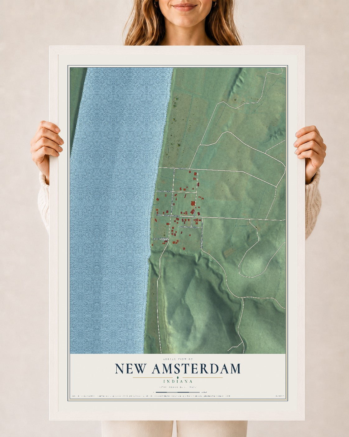 Map of New Amsterdam, Indiana, 24 x 36 inch print in a white wood frame