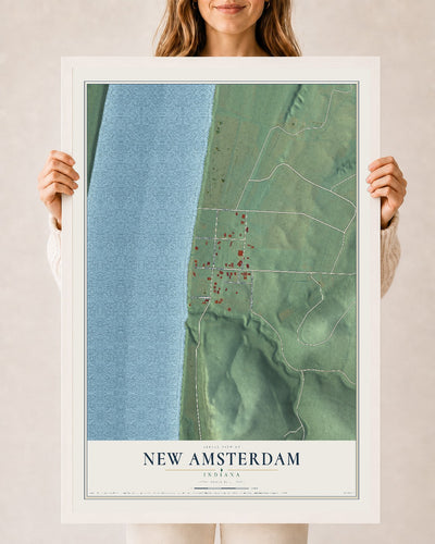 Map of New Amsterdam, Indiana, 24 x 36 inch print in a white wood frame