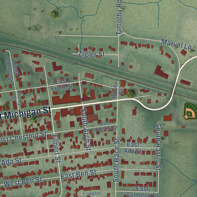 Close-up of the map of New Carlisle, Indiana print showing street and building detail