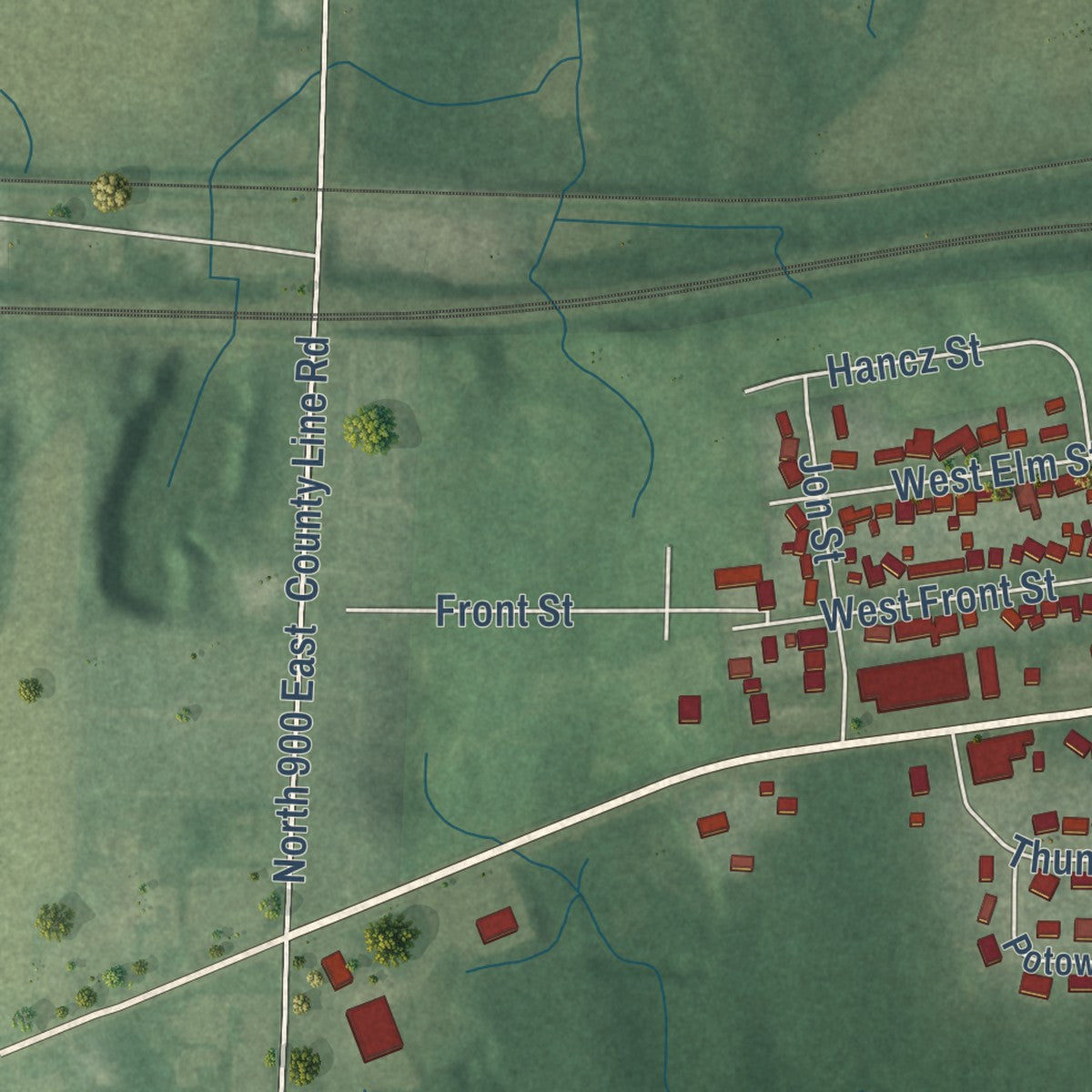 Second close-up of the map of New Carlisle, Indiana print showing more streets and buildings