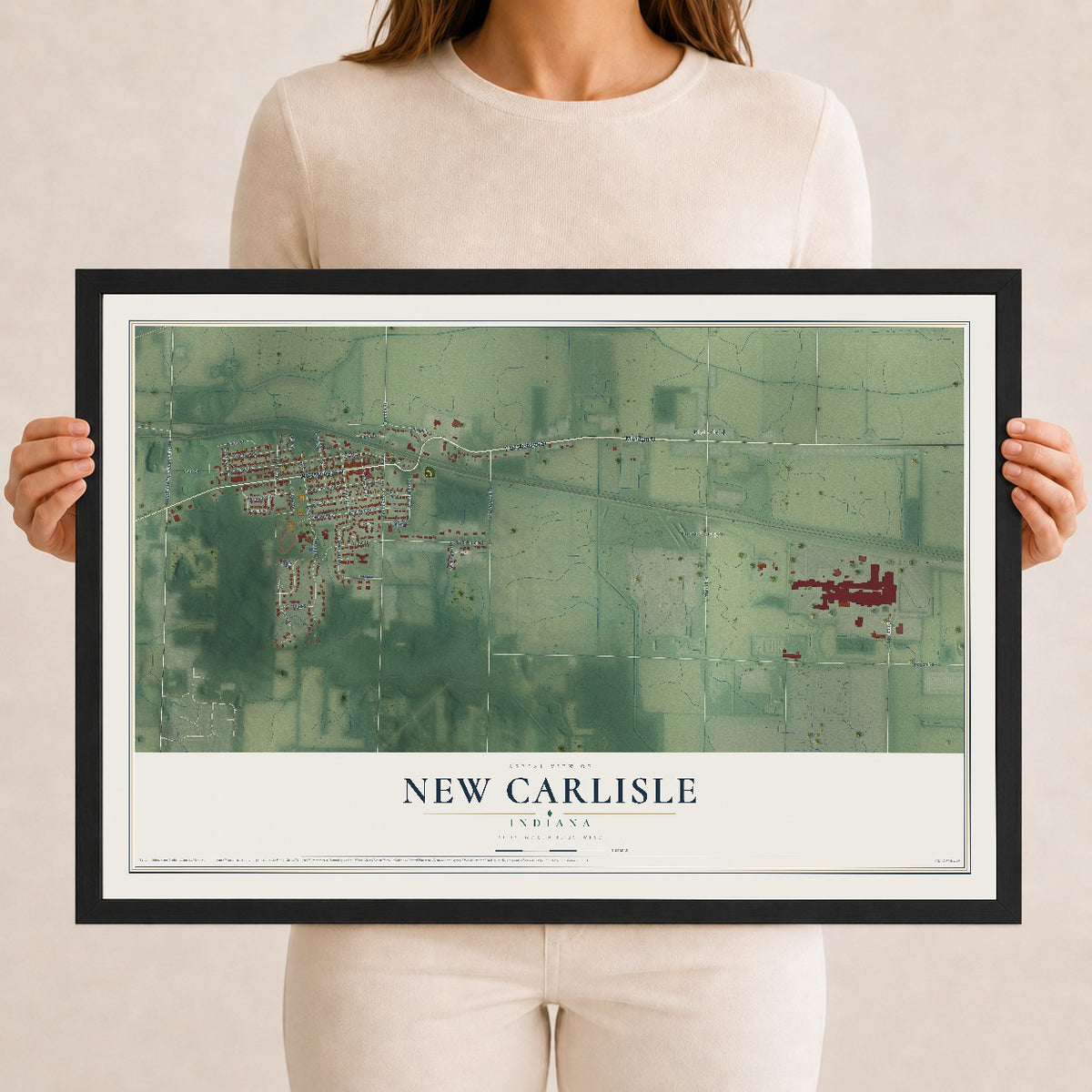 Map of New Carlisle, Indiana, 12 x 18 inch print in a black wood frame