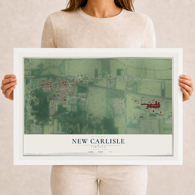 Map of New Carlisle, Indiana, 12 x 18 inch print in a white wood frame