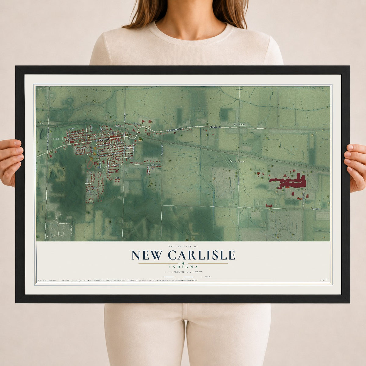 Map of New Carlisle, Indiana, 18 x 24 inch print in a black wood frame
