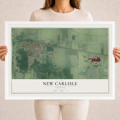 Map of New Carlisle, Indiana, 18 x 24 inch print in a white wood frame
