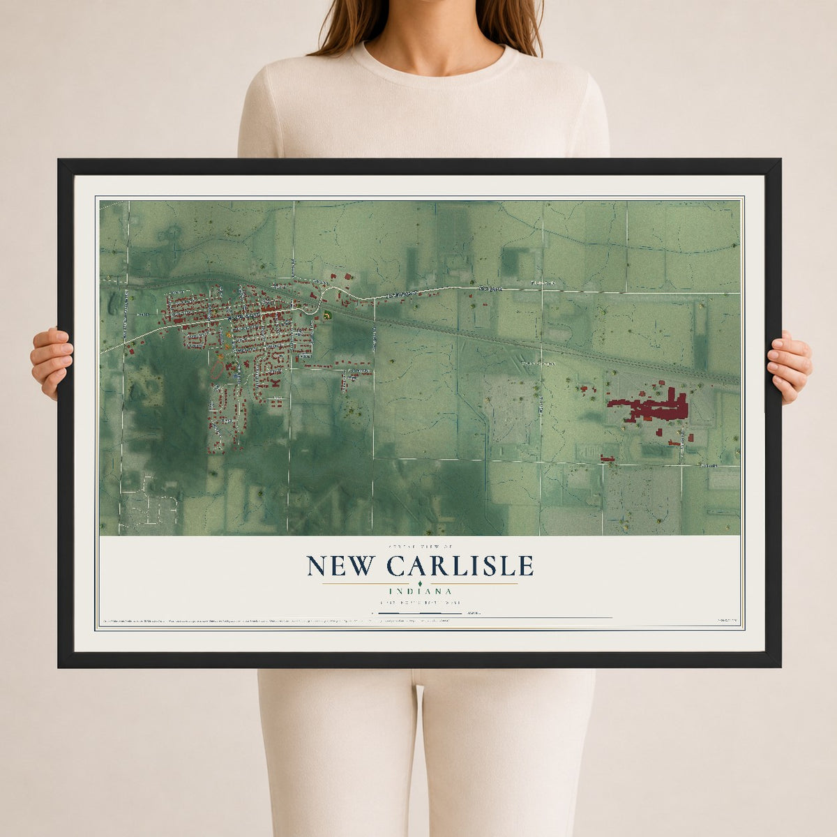 Map of New Carlisle, Indiana, 24 x 36 inch print in a black wood frame