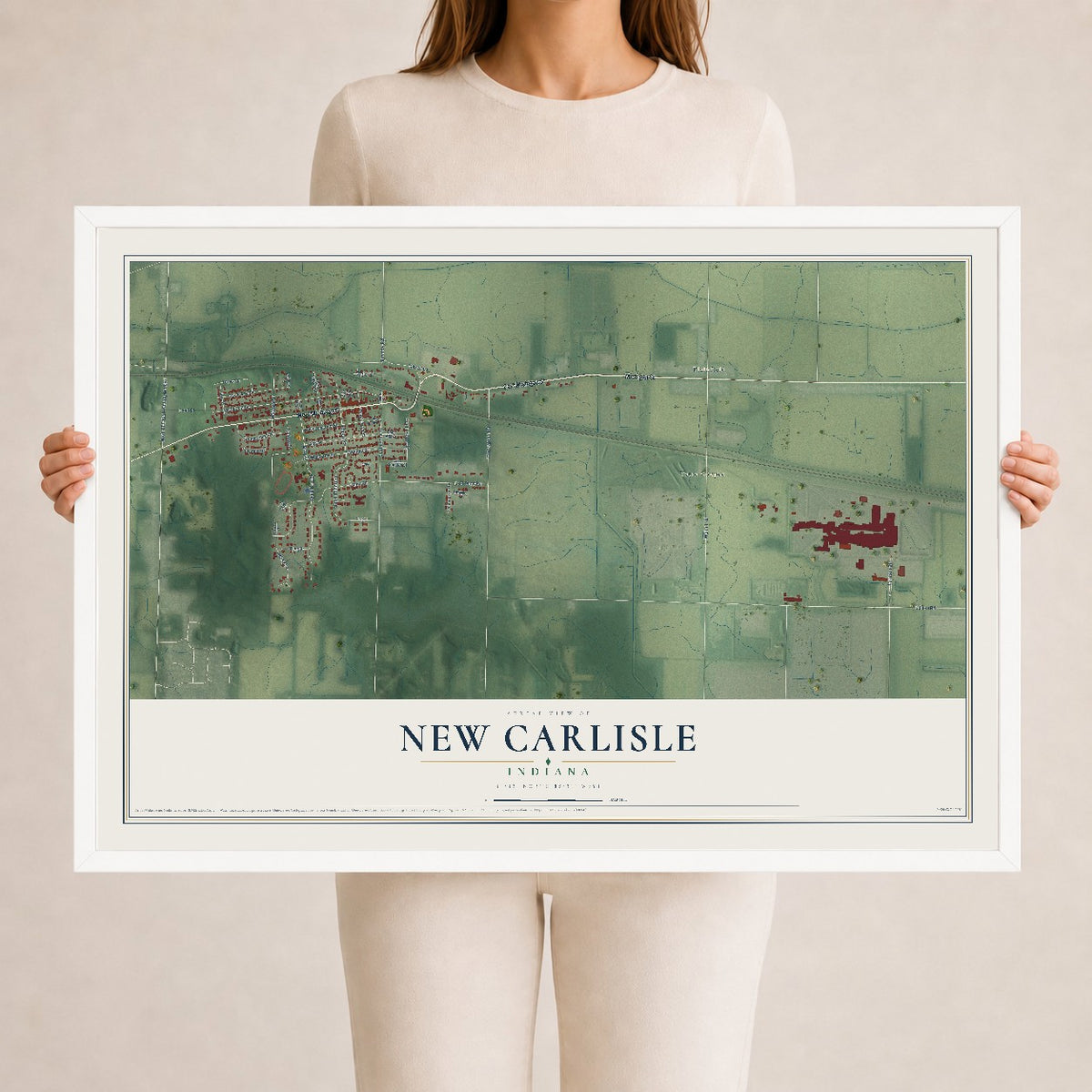 Map of New Carlisle, Indiana, 24 x 36 inch print in a white wood frame