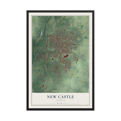 Map of New Castle, Indiana, 12 x 18 inch print in a black wood frame