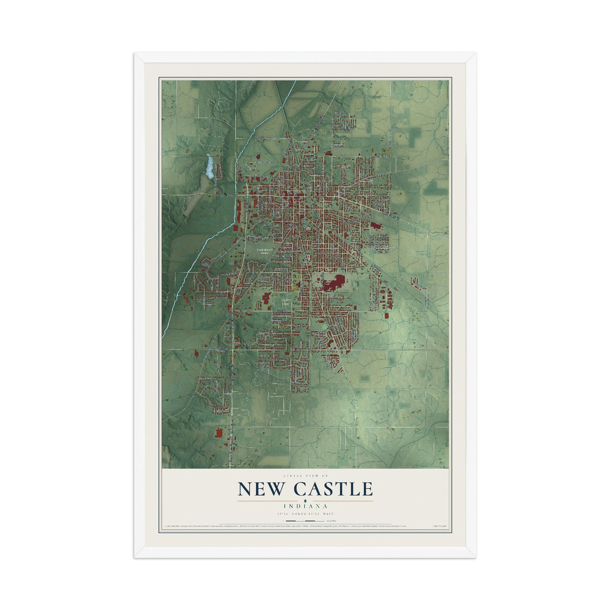 Map of New Castle, Indiana, 12 x 18 inch print in a white wood frame