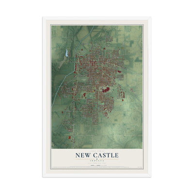 Map of New Castle, Indiana, 12 x 18 inch print in a white wood frame