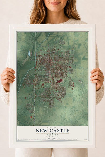 Map of New Castle, Indiana, 18 x 24 inch print in a white wood frame