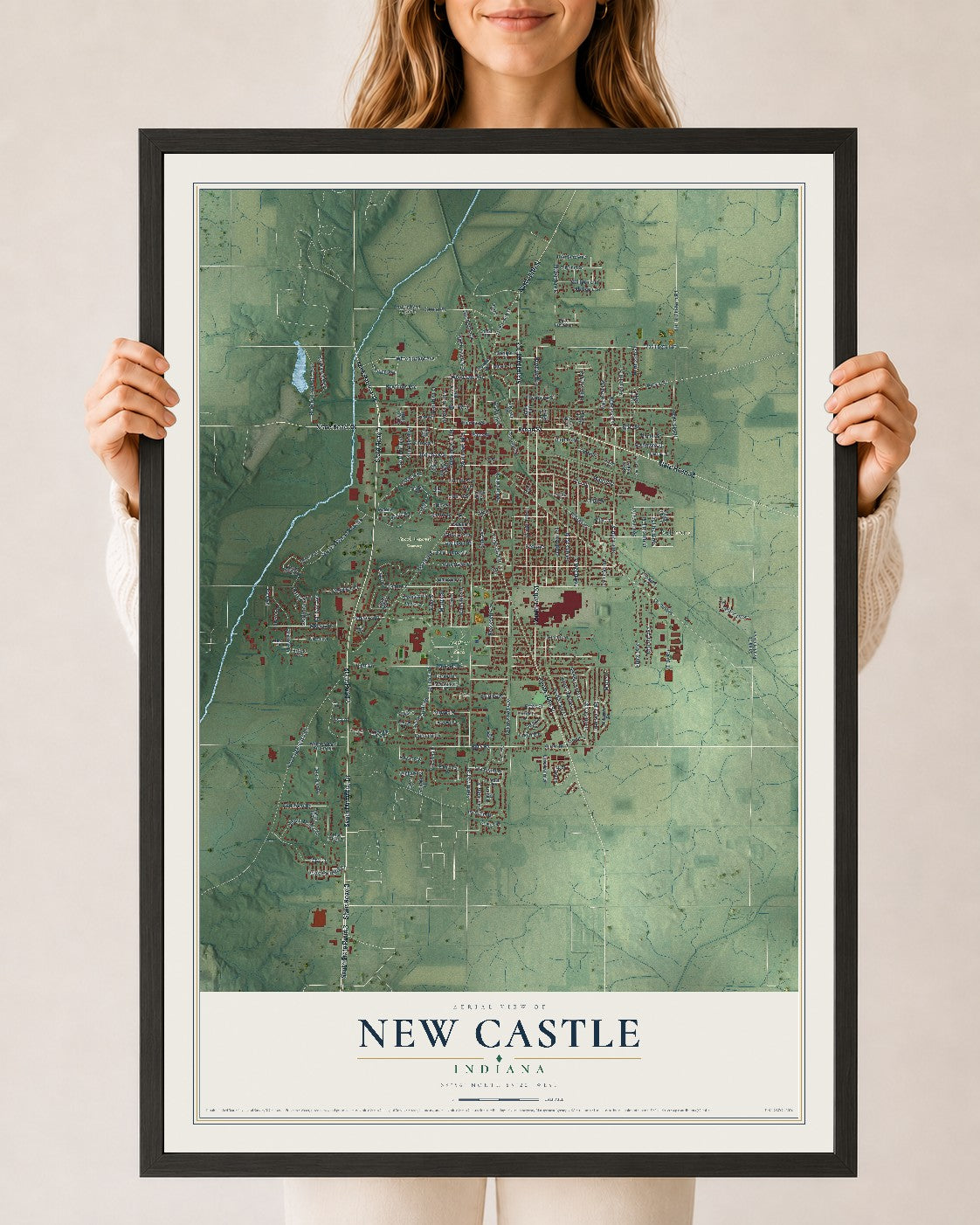 Map of New Castle, Indiana, 24 x 36 inch print in a black wood frame