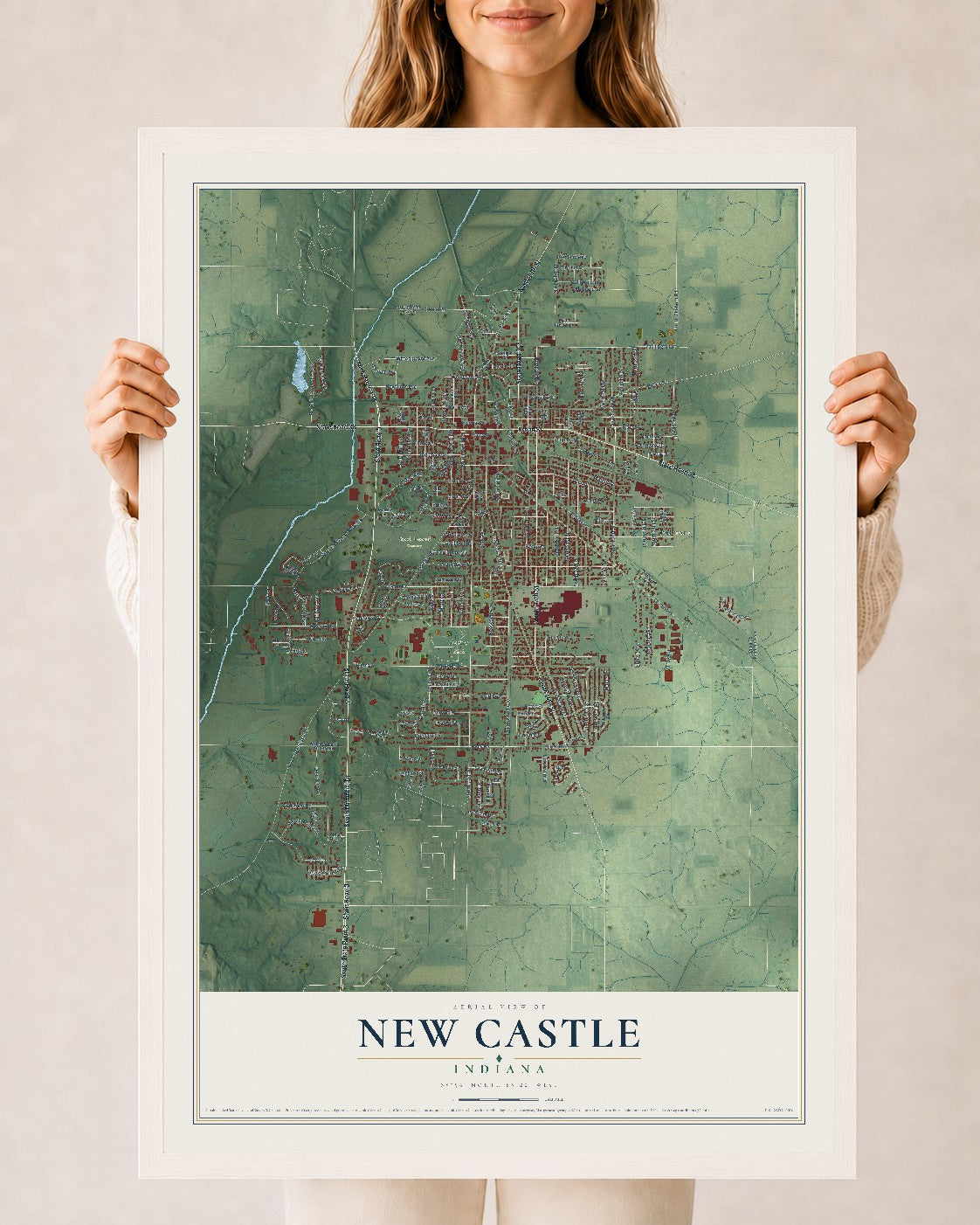 Map of New Castle, Indiana, 24 x 36 inch print in a white wood frame