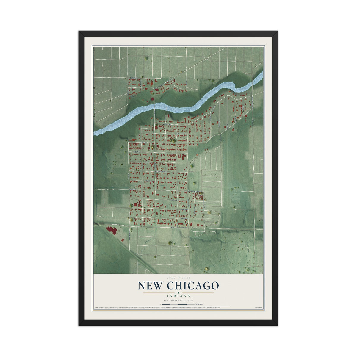 Map of New Chicago, Indiana, 12 x 18 inch print in a black wood frame
