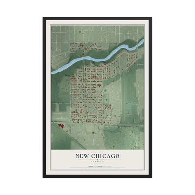 Map of New Chicago, Indiana, 12 x 18 inch print in a black wood frame