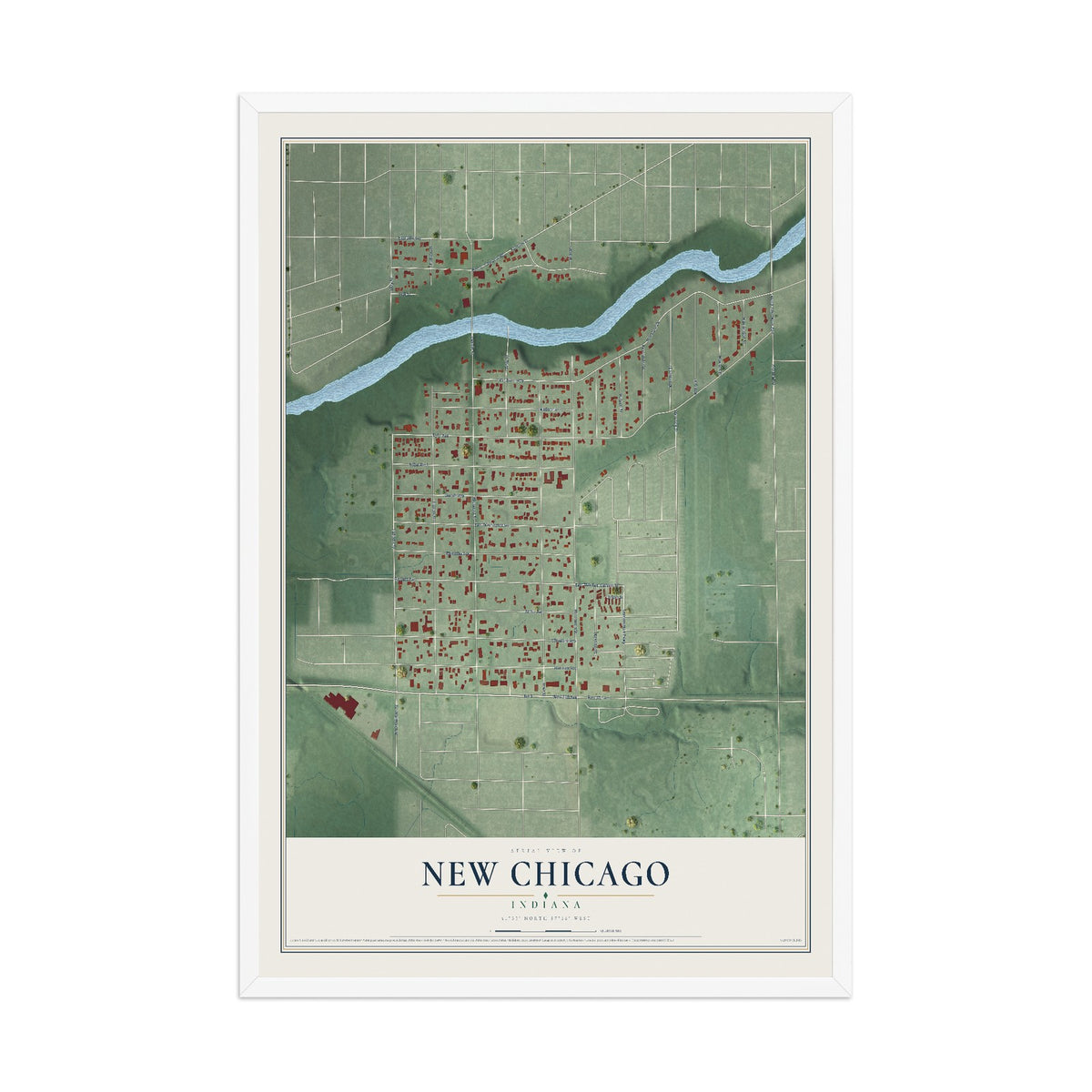 Map of New Chicago, Indiana, 12 x 18 inch print in a white wood frame