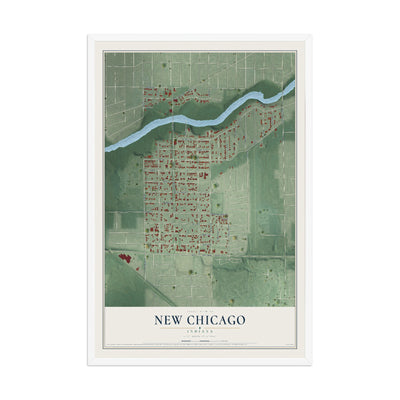 Map of New Chicago, Indiana, 12 x 18 inch print in a white wood frame
